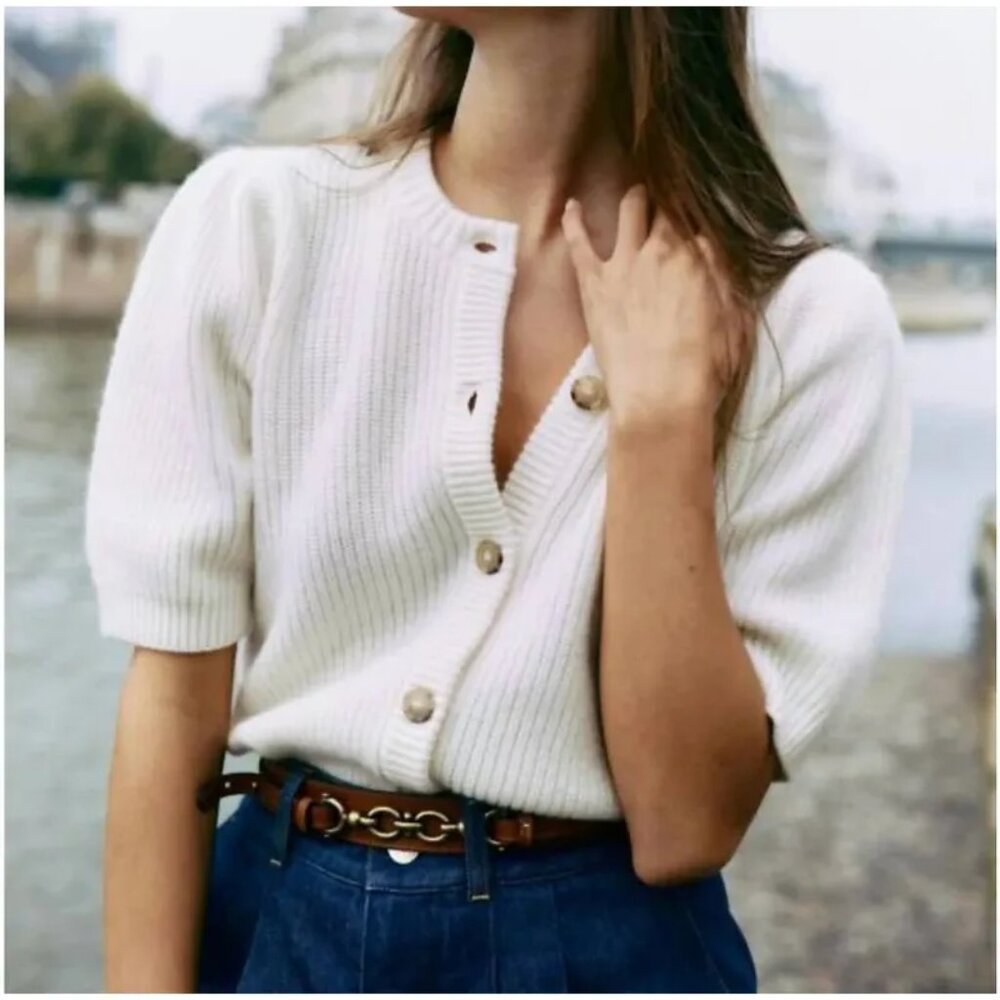 NWT $448 Frame Short Sleeve Shrunken Cardigan Cropped Sweater Women’s S Small